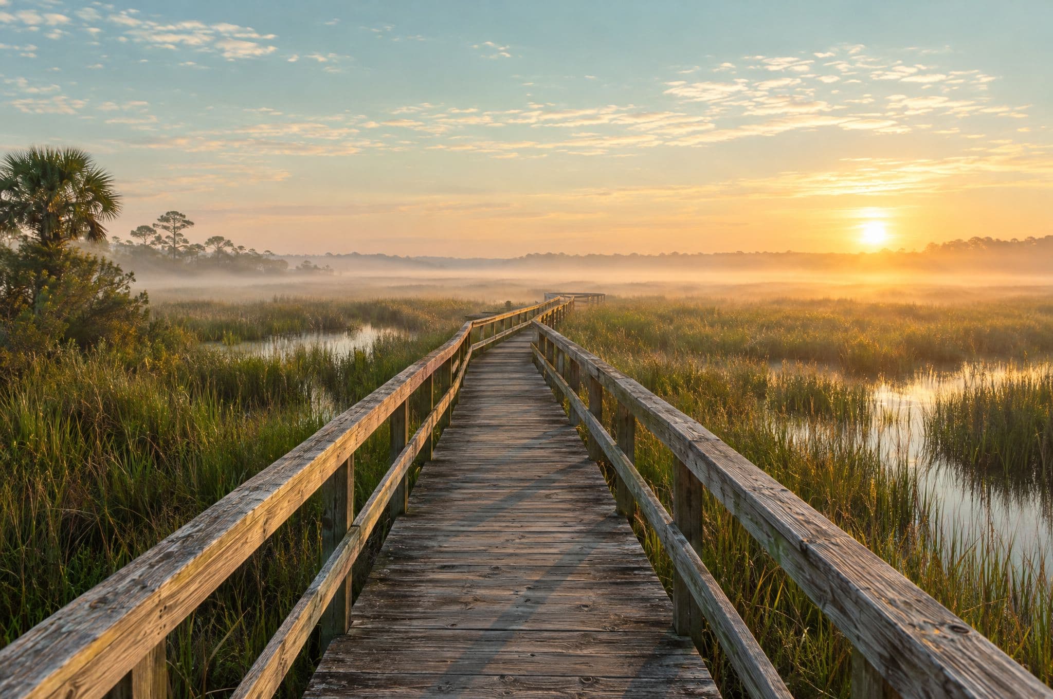 A wooden boardwalk crossing a misty marsh toward the morning horizon