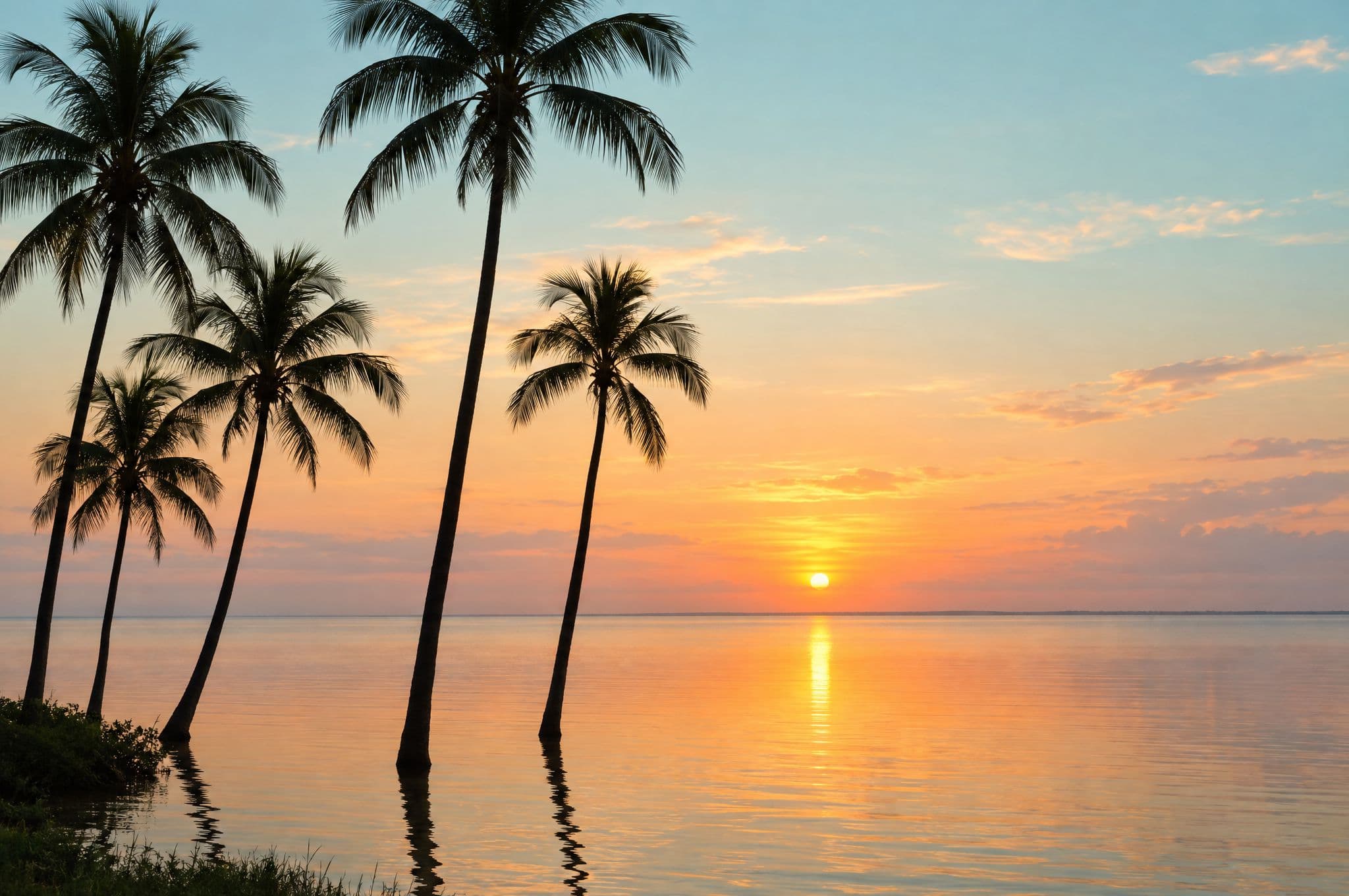 Palm trees silhouetted against a soft dawn sky over calm water